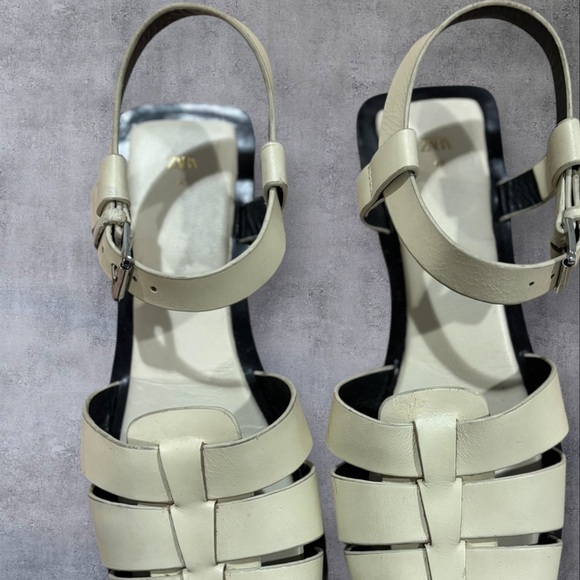 Zara Cream Leather Cage Flat Fisherman Sandals Women’s Size 40 Women’s Size 9 - Picture 5 of 9